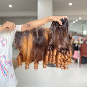 100% ensemble frontal de cheveux humains vierges vietnamiens Extensions de tissage de cheveux Machine Double trame couleur rebondissante - Product Image 4