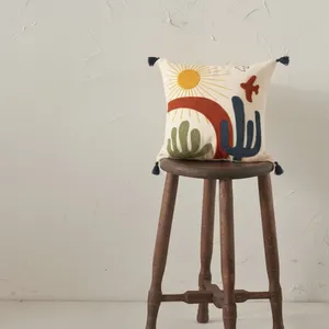 Moroccan Design Decorative Pillow <b>Cover</b> Square Embroidered <b>Cushion</b> <b>Cover</b> with Cactus Plant Dot Motif Inner Filling for Home Use - Product Image 1