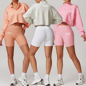 Style de cou à glissière et logo Sport Fitness Gym Sportswear Set Respirant Léger Yoga Top et Shorts Motif Solide En Gros - Product Image 1