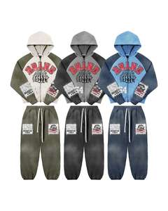 Conjunto Deportivo Personalizado de Invierno, 400 GSM, 100% Algodón Transpirable, Lavado Ácido, Bordado Desgastado, Pantalones Holgados, Sudadera con Capucha, Estilo Flared - Product Image 1