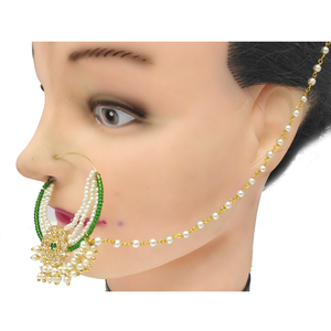 Indian Mores Green White Stone <b>Studded</b> Three Layer Nath <b>Nose</b> Ring Traditional Bridal Ethnic Jewelry for Girls Women - Product Image 3