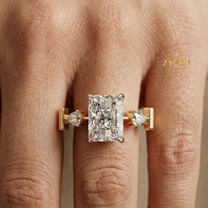 Anillo de Compromiso con Tres Piedras de Corte Radiante, Plata de Ley 925, Anillo de Promesa con Piedra Lateral en Forma de Pera, Joyería Nupcial - Product Image 4