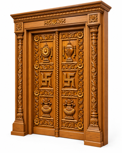 Hand Carved Teak <b>Wood</b> Pooja Room Door with Swastik & Kalash Hand Carved <b>Temple</b> Double Door Teak <b>Wood</b> Hindu <b>Temple</b> Door London - Product Image 3