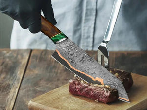 Venta al por mayor pedidos a granel personalizados OEM ODM servicio hecho a mano mejor cuchillo de cocina cobre Damasco hoja de acero mango de madera de Olivo - Product Image 2