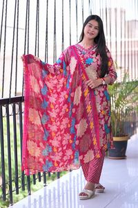 Latest Maruti Fashion Women's Traditional Style Cambric Cotton Digital Print Floral 3 Piece Regular Fit Kurti Pant Dupatta Pure - Product Image 5