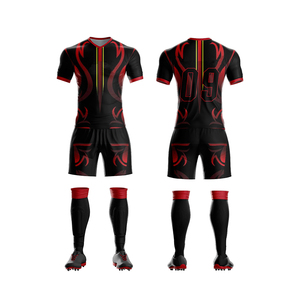 Conjunto de camiseta de fútbol de secado rápido personalizado para hombre Kit de fútbol sublimado con diseño de llama negra y roja con pantalones cortos y calcetines - Product Image 1