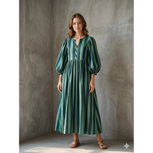Vestido Maxi Verde a Rayas, Estilo Gótico-Elegante, Diseño Personalizado, Cintura Imperio, Transpirable, Talla 5XL, para Citas, Fiestas y Vacaciones - Product Image 1