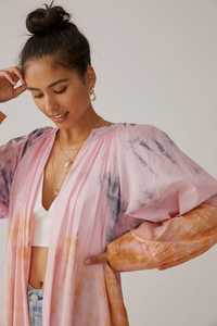 2023 Floral Tie Dye Maxi vestido para mujer escote en V con mangas largas 100% rayón tamaño libre para verano playa patrón tejido - Product Image 3