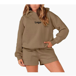 Ensemble short et sweat à capuche oversize pour femme, décontracté, en coton mélangé doux et respirant, coupe régulière, uni, longueur genou, tenue estivale urbaine - Product Image 6
