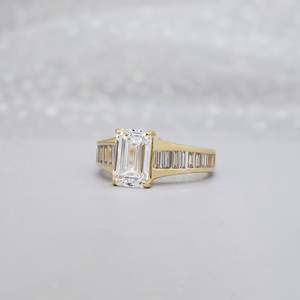 IGI Certified Yellow Gold <b>Emerald</b> Cut Lab Grown Women's Engagement <b>Ring</b> with Baguette Diamond <b>Band</b> - Product Image 2