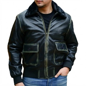 Chaqueta Bomber de Cuero Genuino para Hombre, Forro de Poliéster, Cierre de Cremallera, Cálida para Invierno, Resistente al Viento, Estilo Urbano, Bolsillos Delanteros - Product Image 1