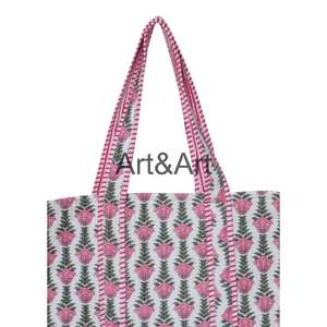 Sac fourre-tout en coton matelassé vintage pour femmes Deux sangles Fermeture ouverte Bandoulière Imprimé en bloc Design tendance Grand - Product Image 3