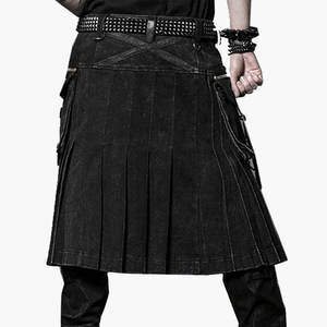 Kilt utilitaire ELITE de style punk pour homme en denim, détails en simili cuir, fermeture éclair métallique, jupe plissée rock - Product Image 4
