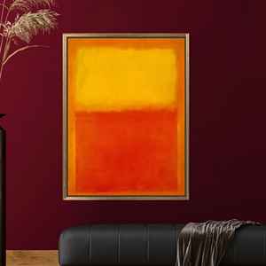 Impression minimaliste audacieuse : Art mural abstrait jaune-orange sur toile, encadré or - Product Image 1