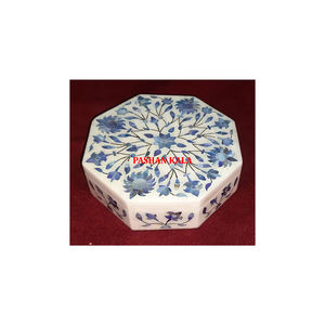 Hermoso joyero de trabajo hecho a mano de mármol blanco de clase alta con incrustaciones de nácar azul para decoración del hogar y caja de regalos - Product Image 1