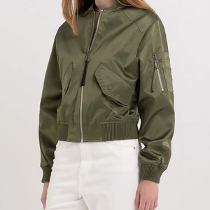 Wholesale Winter Custom Satin <b>Raw</b> Breathable Embroidery Bomber Jacket for Women Shiny Cropped Top Nylon - Product Image 5