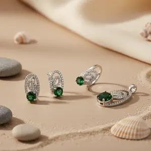 925 <b>Silver</b> Emerald Ring & <b>Earrings</b> <b>Set</b> with Zircon Diamond Rose Gold for Party or Wedding Gold Plated Jewelry Gift for Women - Product Image 2