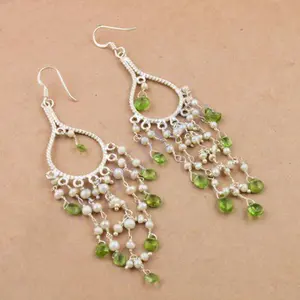 "Chic 925 Silver Pearl & <b>Peridot</b> Fashion Chandelier <b>Earrings</b> for Women" - Product Image 1