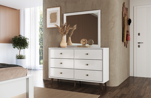 Commode 6 tiroirs style moderne Decibel avec miroir, meuble de chambre en bois aggloméré blanc, design brésilien haut de gamme - Product Image 6