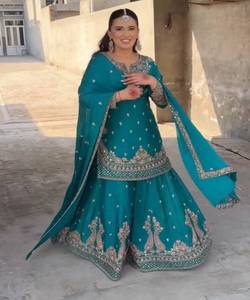 Tendance Georgette broderie séquence travail avec dentelle lourde travail haut Festival porter prix de gros vêtement Gharara - Product Image 5