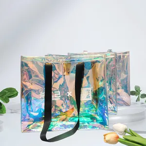 Low Price Custom Logo Luxury Waterproof Holographic Laser PVC Iridescent Tote Shopping Bag