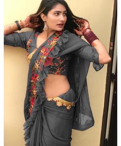 Bollywood Designer Saree Designer Miroir Travail Fleur Conception Doux Soie Tissu Impression Numérique Marron Couleur Sari avec Blouse Inde Vêtement - Product Image 1