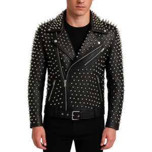 แจ็กเก็ตหนังวัวสีดำทำด้วยมือสำหรับผู้ชายแจ็คเก็ตหนังแท้สไตล์นักขี่จักรยานพังค์ร็อก - Product Image 1