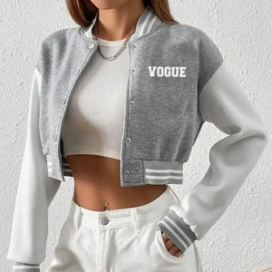 Chaqueta universitaria recortada de Estilo Vintage para mujer, nueva chaqueta de cuero bordada a la moda, venta al por mayor, logotipo personalizado, algodón teñido liso - Product Image 2