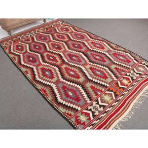 Tapis turc 5,3 x 9,1 pieds, grand tapis vintage, tapis en laine à imprimé animal rouge et bleu - Product Image 1