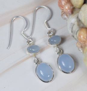 925ทึบแบบมินิมอลสเตอร์ลิงเงินคู่สีฟ้าพลอยคาลซิโดนีทรงรีแบบตะขอเกี่ยว2ชิ้นต่างหูหินสวยงาม - Product Image 2