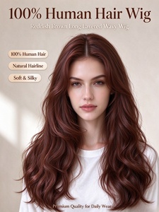 Peluca de Cabello Humano 100%, Color Castaño Rojizo, Ondas Largas en Capas, Estilo Liso a Ondulado, para Uso Diario - Product Image 6