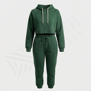 Wholesale Women Winter Hooded Tracksuit Set Crop <b>Top</b> Cotton Custom Logo Plain Dyed Athletic Jogger Gym Fitness Sport Wear Casual - Product Image 1