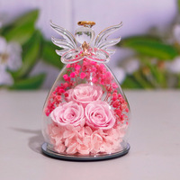 Fleur éternelle préservée à la glycérine, petit ange dans un dôme en verre, roses éternelles pour les cadeaux de remise de diplôme, de Noël et d'anniversaire