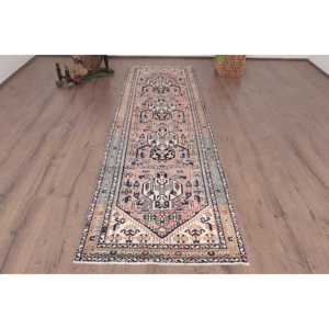 Alfombra de 3x9.5 pies, Alfombra Turca Vintage, Alfombra a Cuadros Azul y Rosa - Product Image 1