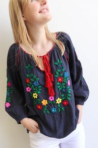 Blusa bordada mexicana de estilo bohemio para mujer, blusa de rayón de verano, transpirable, de secado rápido, 100%, algodón orgánico, patrón Floral - Product Image 4