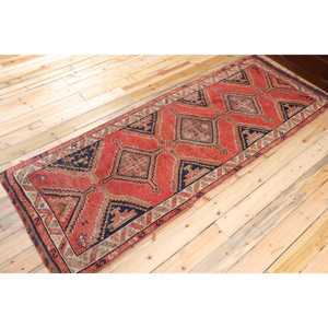 3.3x9.4 ft Rug, Turkish Vintage Rug, <b>Red</b> Blue Abstract <b>Wool</b> Rug - Product Image 2