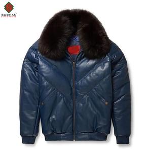 Blouson en cuir pour homme, col mandarin, style V-bomber, doudoune d'hiver décontractée, plusieurs couleurs disponibles, doublure en laine chaude - Product Image 5