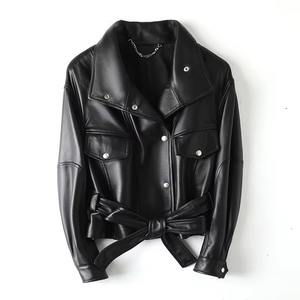 Veste en cuir véritable pour femmes à manches longues coupe ajustée vêtements d'extérieur à la mode manteau d'hiver chaud pour l'automne vêtements de rue décontractés - Product Image 1