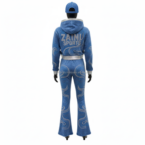 High Quality Women Velvet <b>Velour</b> Tracksuit 280 GSM Stretch Fabric Blue Color Rhinestone Logo Custom Set Tracksuits Plus size - Product Image 2