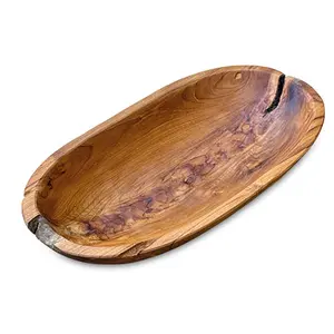 Plateau en bois sculpté de forme ovale, idéal pour les salades, les fruits, le pain, décoration artisanale durable pour la maison avec un style naturel intemporel - Product Image 2
