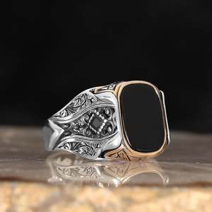 Bague pour homme Azuris de haute qualité en argent sterling 925 avec pierre d'agate naturelle de Yamen, fabrication turque - Product Image 2