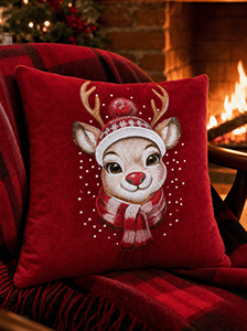 Christmas Reindeer Embroidered Velvet Customizable <b>Throw</b> Pillow Square <b>Red</b> Removable & Washable Novelty Decorative - Product Image 3