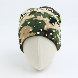 Tendances de la mode Chapeau d'hiver avec logo personnalisé, style décontracté, jacquard camouflage, strass, bonnet en tricot camouflage, bonnet en perles - Product Image 4