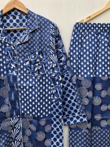 ชุดนอนผ้าฝ้ายอินเดียสีคราม ชุดนอนผ้าฝ้ายทำมือ พิมพ์ลายดอกไม้ด้วยมือ ชุดนอนอินเดีย ชุดเดรสผ้าฝ้าย - Product Image 2