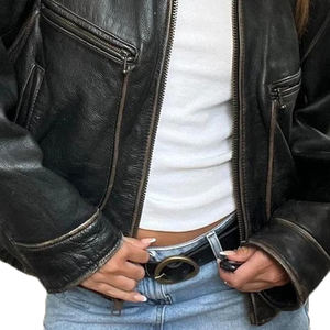 Veste en cuir véritable surdimensionnée noire vintage pour femme avec fermeture éclair sur le devant et poches Style streetwear motard classique - Product Image 2