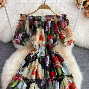 Vestido de gasa con estampado de línea A para mujer, Vestido de playa de vacaciones, gran Swing, hombros descubiertos, cuello de barco, cintura alta, 2023 - Product Image 6