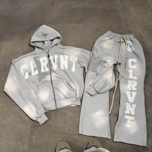 ชุดเซ็ตเสื้อฮู้ดดี้และกางเกงวอร์มผู้ชายสไตล์ลำลอง ผ้าฝ้าย 100% ระบายอากาศดี แต่งลายปัก แอพพลิเค และลายฟอกสี - Product Image 1