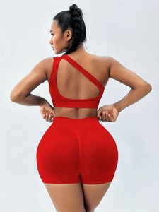 Hot Pink Ribbed <b>One</b> Shoulder Active Set for Women - Crop <b>Top</b> and High Waisted Scrunch Biker Shorts Flattering Cut Out Design - Product Image 4