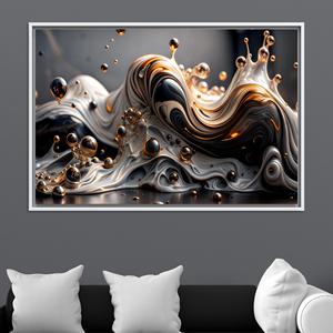Modern Gold Black Liquid Splash Canvas Print, Contemporary Metallic Flow Art,WHITE <b>FRAMED</b> CANVAS - Product Image 1
