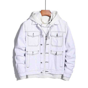Veste en jean vintage surdimensionnée en coton blanc délavé à l'acide pour hommes coupe ample avec quatre grandes poches style décontracté à manches longues - Product Image 1